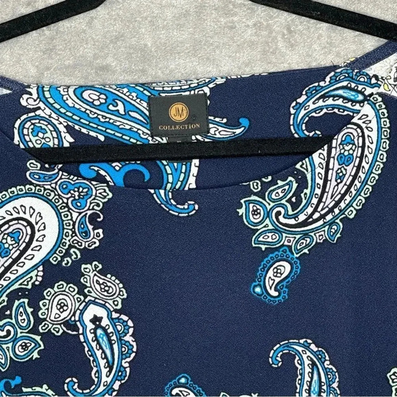 JM Collection XL Shirt Top Blue Paisley Short Sleeve Round Neck Stretch Casual - Picture 3 of 7